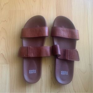 Eileen Fisher Folk Slides 9.5 Red Brown Leather Sandals Minimal Chic NWOT